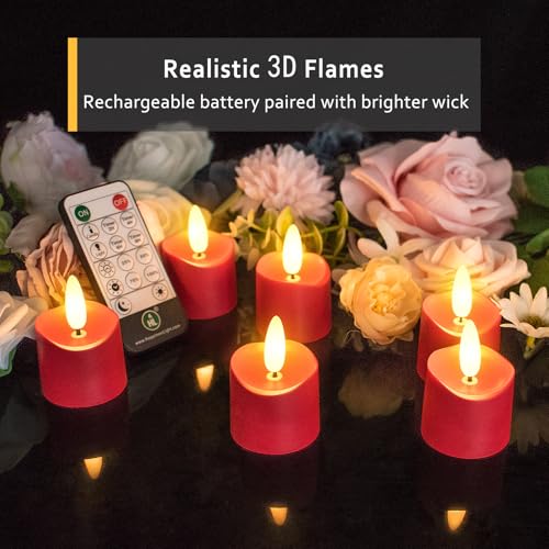 HL Rechargeable Waterproof 3D Red Tea Lights - 12pcs Bright LED Flameless Candles with Remote