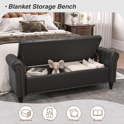 65-Inch Upholstered Storage Bench with Rolled Arms and Tufted Seat