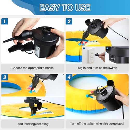 Portable Electric Air Pump for Inflatables with 3 Nozzles - Inflate & Deflate