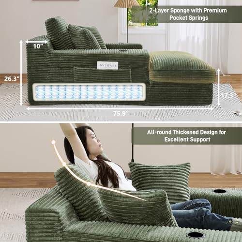 Oversized Corduroy Chaise Lounge Chair with Cup Holders and Side Pocket