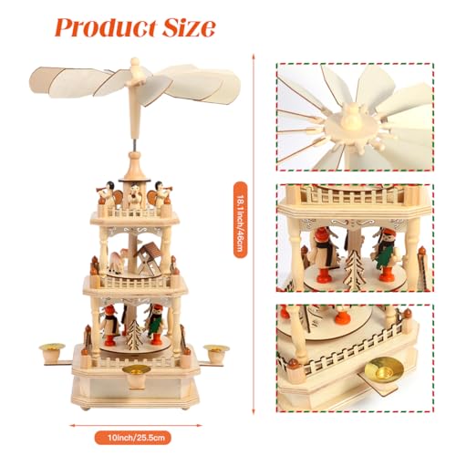 3-Tier Wooden Christmas Pyramid Nativity Carousel with 4 Candle Holders, 18"