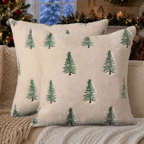 DFXSZ Christmas Pillow Covers Set of 2 18x18 Inches Green Xmas Tree Decor Beige