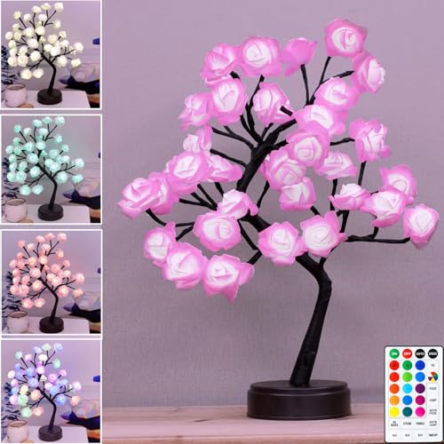 18-Color LED Rose Tree Lamp with Remote, Multicolor Tabletop Flower Light