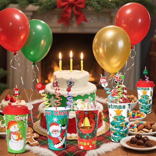 AFZMON 24 Sets Christmas Party Cups with Lids and Silly Straws - Bulk 16oz