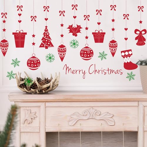 BYOCEW Merry Christmas Pine Tree Snowflake Wall Decals - Red