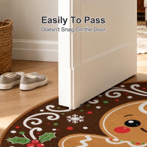 HOMETITUTE 4 ft Round Christmas Gingerbread Rug - Dark Brown, Non-Slip, Washable, 1-Piece Rug