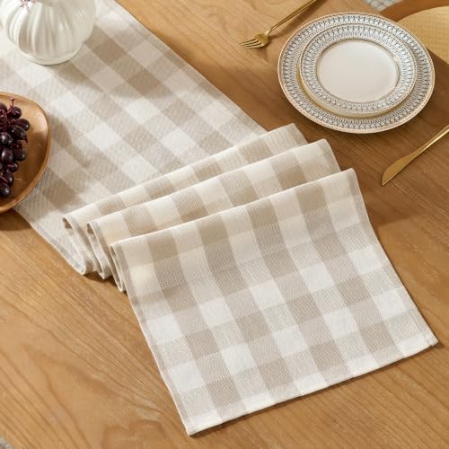 POSEAT Beige Gingham Table Runner 13x108 Inches - Classic Farmhouse Decor