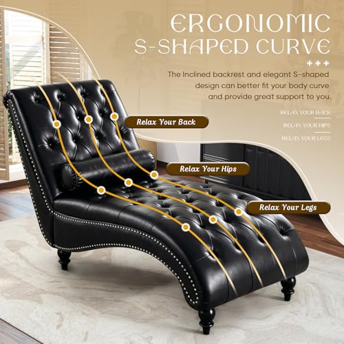 Modern Faux Leather Chaise Lounge Chair with Tufted Buttons and Pillow