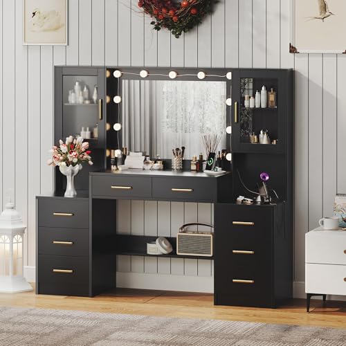 Large Black Vanity Desk with Lighted Mirror, Charging Station and 8 Drawers