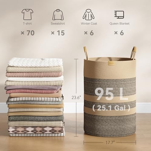Extra Large 95L Cotton Rope Laundry Hamper with Leather Handles