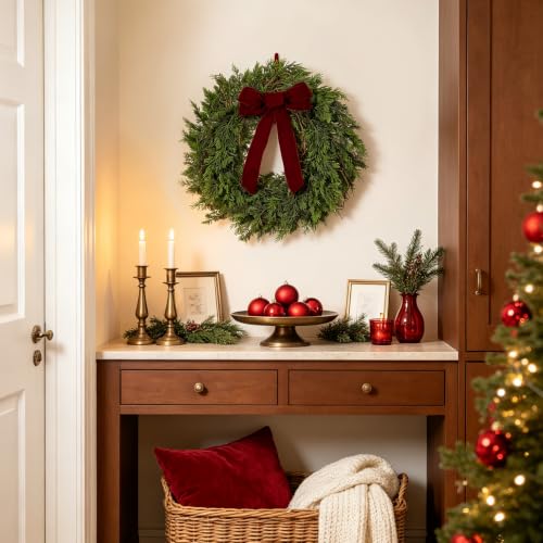 DN Deconation 22in Christmas Wreath with Green Foliage & Burgundy Velvet Bow — Front Door