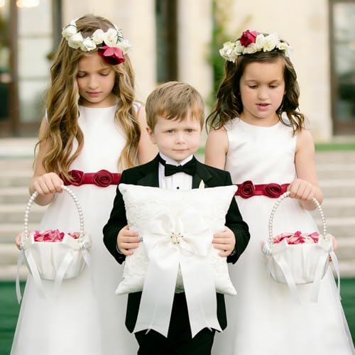 3-Piece Wedding Flower Girl Basket and Ring Bearer Pillow Set, Ivory Satin