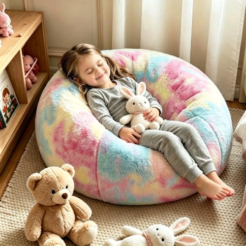 Rainbow Faux Rabbit Fur Memory Foam Bean Bag Chair for Kids