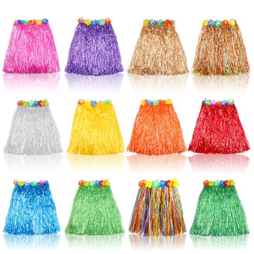 Kids Tropical Hula Grass Skirts with Hibiscus Flowers - 12 Pack