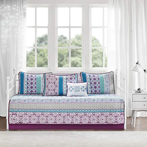 6-Piece Reversible Boho Daybed Cover Set with Shams & Bedskirt - Purple