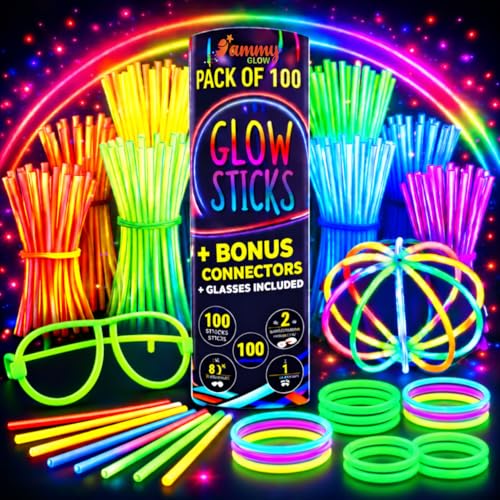 Ammy Glow Sticks Bulk Party Pack 205 Pcs with Connectors and Glasses