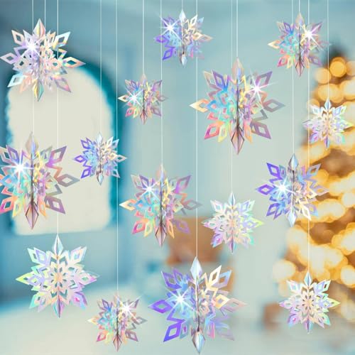 3D Iridescent Paper Snowflake Hanging Decorations for Christmas - 15 Pack