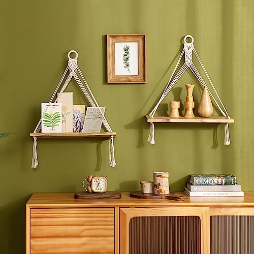 Boho Macrame Hanging Wall Shelves - Set of 2 Floating Wood Shelves