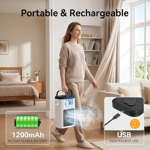 Portable Air Conditioner Fan, Mini Desktop Misting Fan with 3 Speeds and RGB Light