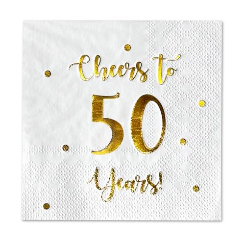 White Cheers to 50 Years Cocktail Napkins - 50-Pack, 3-Ply, Birthday & Anniversary Decor
