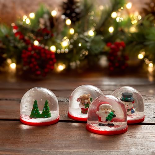 Mini Christmas Snow Globes Set - 4 Assorted Holiday Decorations & Gifts, 2 Inch - Santa, Snowman, Tree & Teddy Bear Variations