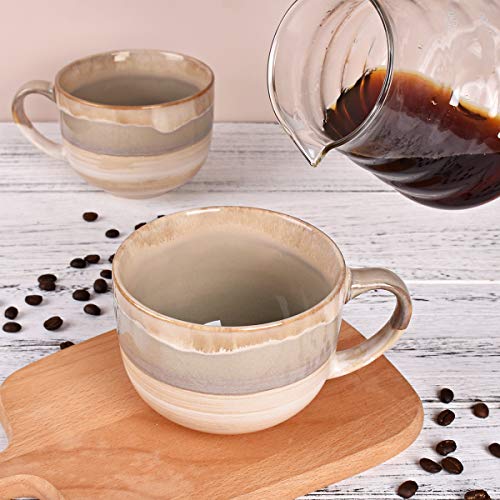 Bosmarlin Large Ceramic Coffee Mug Set of 2 - 16oz Jumbo Latte Cups, Brown Grey, Dishwasher & Microwave Safe