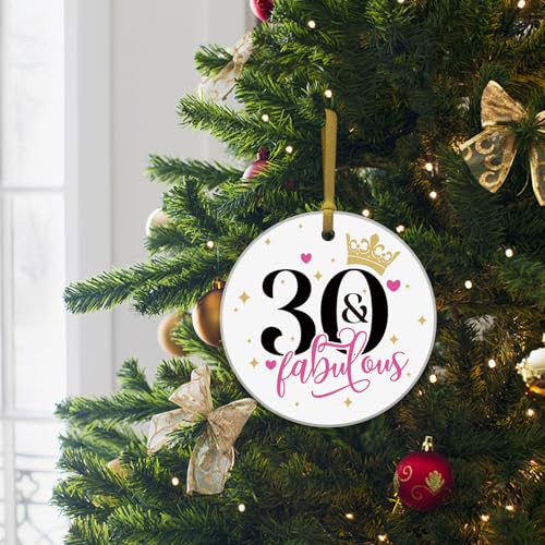 REWIDPARTY 3-Inch Round Ceramic Ornament - Fabulous 30th Birthday Gold Ribbon Gift Box (Gold & White)