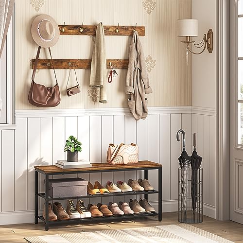 Industrial Hall Tree with Shoe Bench and 9 Coat Hooks, Rustic Brown