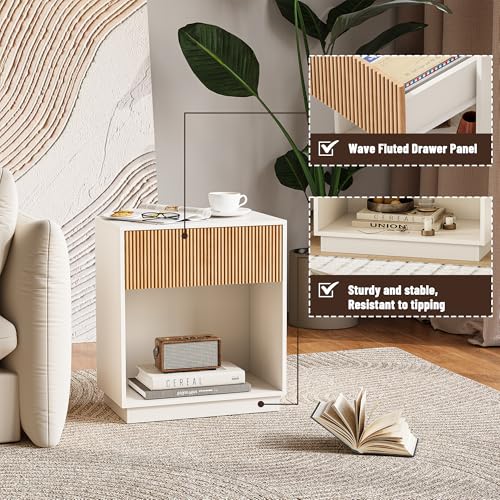 Fluted Nightstands Set of 2, Modern Bedside Table with Drawer and Shelf