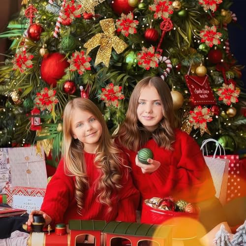 BASEMMAHER 12 Pcs Christmas Glitter Poinsettia Flowers with Clips & Stems - Red Gold