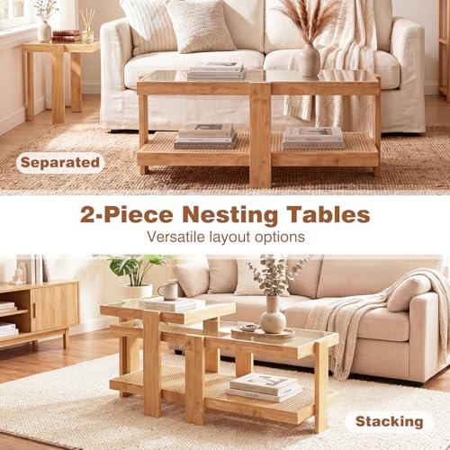 2-Piece Nesting Coffee Table Set with Rattan Accents and Glass Top