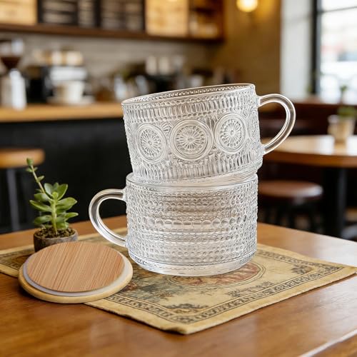 Xigugo Vintage Glass Coffee Mugs Set 4pcs 14oz with Bamboo Lids & Spoons