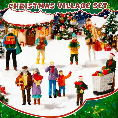 8PCS Christmas Village Figurines Set - Hand Painted Resin Miniature Decor