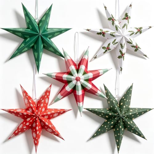 Paper Jazz Foldable 7-Point Star Lantern Ornaments - 5 Designs Indoor Xmas Decorations