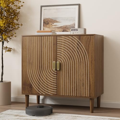Walnut Wood Sideboard Cabinet with Adjustable Shelf and Line Groove Design