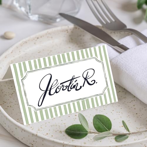 100 Pcs Sage Green Striped Tented Place Cards for Wedding Table Settings
