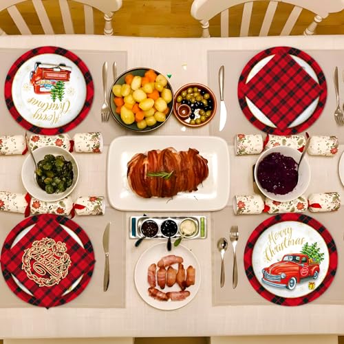 Christmas Paper Plates and Napkins Set - Buffalo Plaid Holiday Dinnerware, 200 Pieces