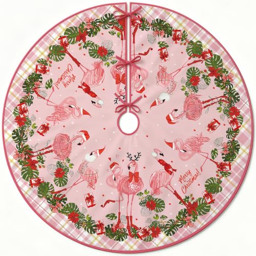Pink Flamingo Christmas Tree Skirt 48 Inch Holiday Decor for 6-8 ft Trees