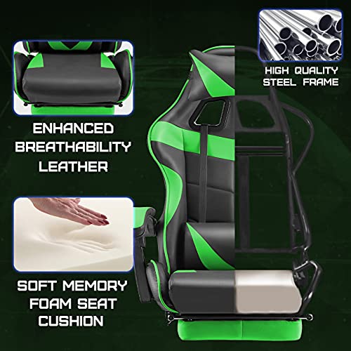 Ergonomic Gaming Chair with Footrest, Lumbar Support & Recliner, Green