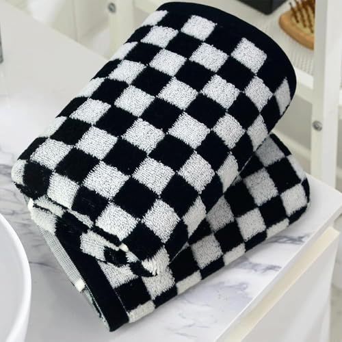 Black and White Cotton Hand Towels, 13x29 Inch Checkered Set of 4