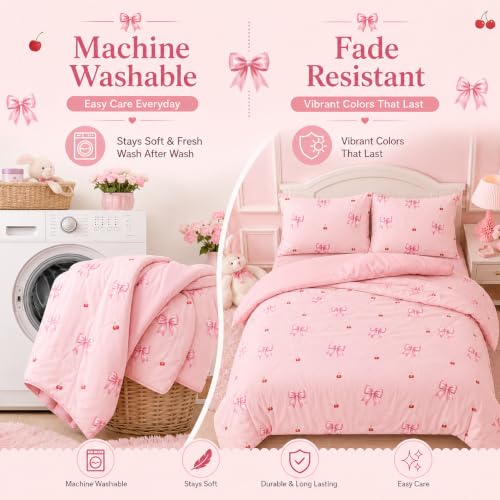 Twin Size Pink Bow Duvet Cover Set - Soft Microfiber Bedding for Girls
