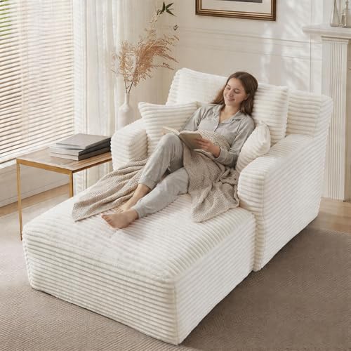 Oversized Corduroy Chaise Lounge Chair with 3 Pillows - Beige Indoor Lounger