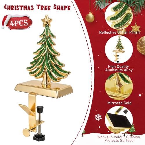 JUSTOTRY Green & Gold 4-Piece Christmas Stocking Holders for Mantle - Adjustable & No-Drill Garland Hangers