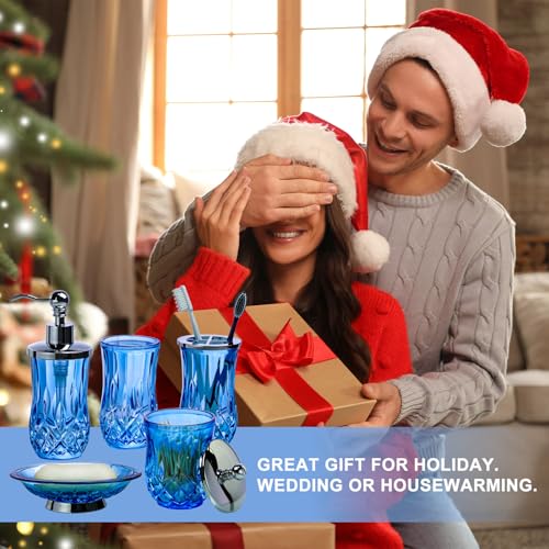 5-Piece Blue Glass Bathroom Accessory Set with Silver Pump and Holders