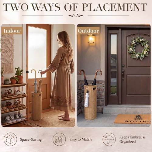 21-Inch Tall Rattan Umbrella Stand with Drip Tray and Hooks