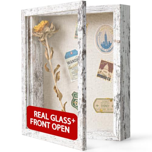 8x10 Shadow Box Frame with Front Opening Door & Real Glass - Distressed White