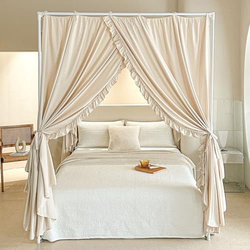 Opaque Canopy Bed Curtains with Top Ties - Soft Microfiber Drapes (Queen, Khaki)