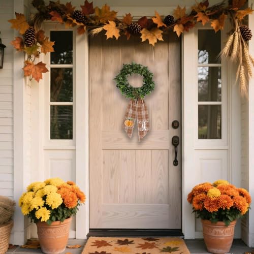 Autumn Plaid Wreath Sash with Pumpkin Embroidery and White Letters