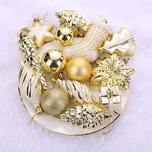 Gold Shatterproof Christmas Tree Ornaments Set - 76 Pack Hanging Baubles