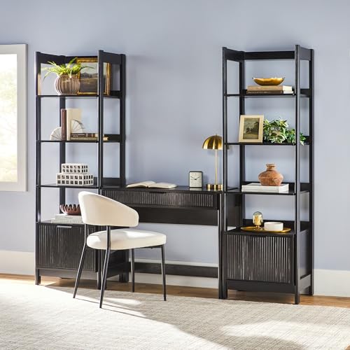 3-Piece Writing Desk Set with 2 Narrow Bookcases and Reeded Drawers, Black